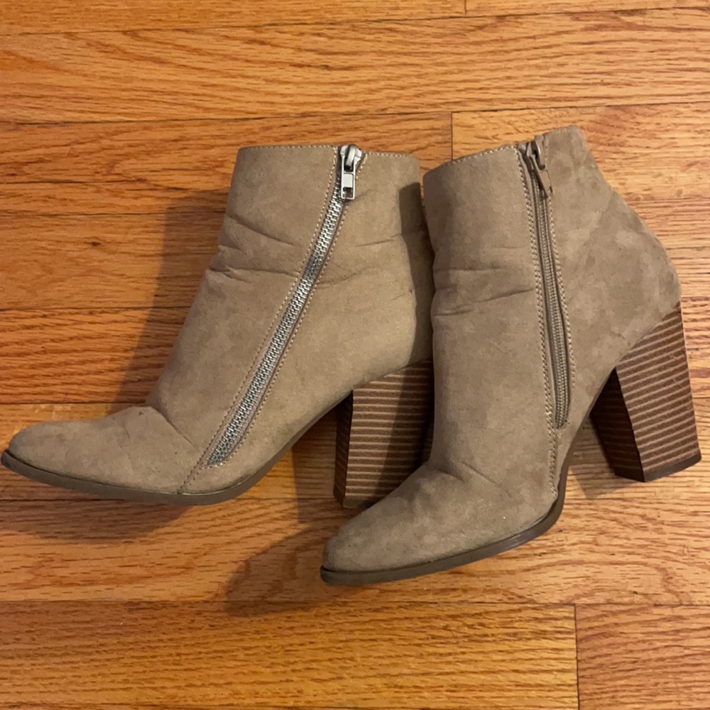 Chunky heel ankle booties.